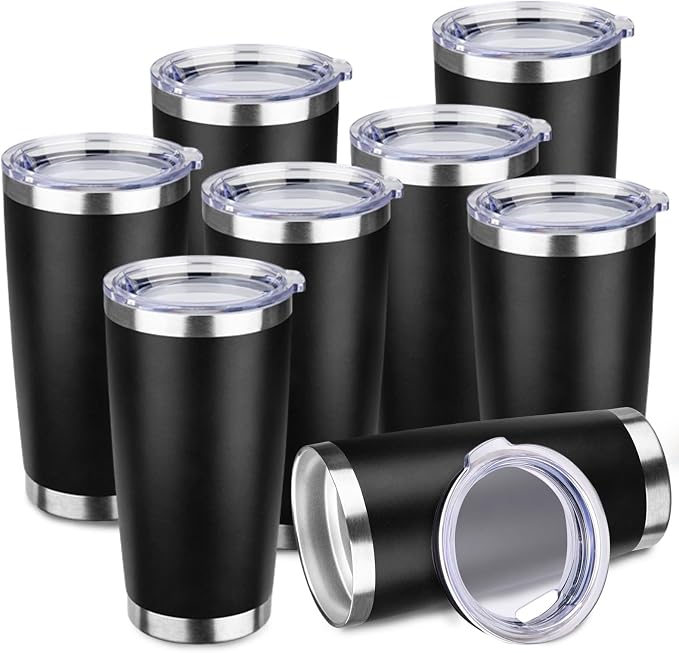 StarSpeed 8 Pack 20oz Stainless Steel Travel Coffee Tumbler,Black | Travel Coffee Mug Bulk,Spill-proof Lid,Double Wall,BPA-free Travel Cups,Insulated Cup Fits Car Cupholders