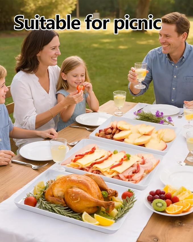 YOUBET 4PCS White Plastic Serving Trays for BBQ, Picnic, Party, Wedding | Plastic Trays for Serving Food - Super Strong Disposable Platters, Heavy Duty Plastic Trays