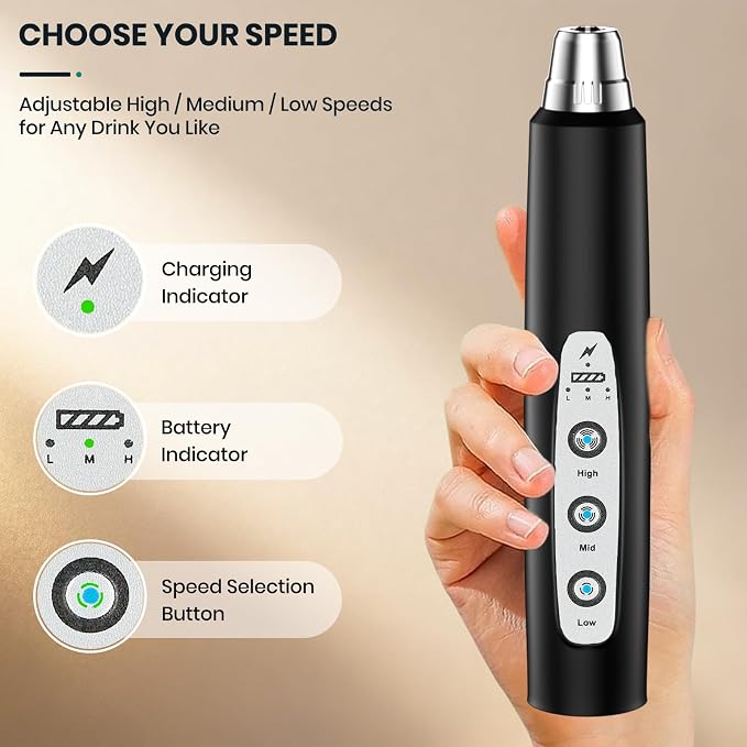 Colarlemo Milk Frother Handheld Rechargeable, Frother Wand Drink Mixer Electric Whisk for Coffee, Detachable With 3 Stainless Whisks, Hand Mixer for Lattes, Cappuccino, Matcha, Egg, No Stand,Black