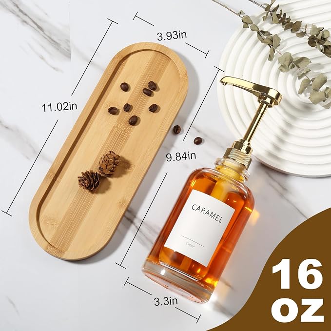 Coffee Syrup Dispenser, Glass Syrup Pump Dispenser for Coffee Bar Accessories, Maple Syrup Bottles with Tray, 16.9 fl oz Simple Syrup Bottles with 1/4oz Large Capacity Gold Pump