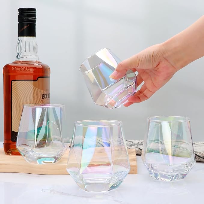 Wine Glasses Set of 4, Iridescent Stemless Wine Glasses 10oz | Geometric Diamond Shaped Glass Cups, Red and White Wine, Whiskey, Cocktail, Bourbon, Juice, Water