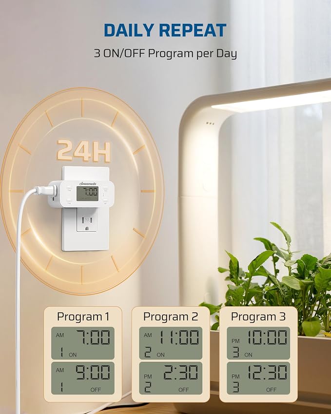 DEWENWILS Indoor 24 Hour Programmable Digital Timer Outlet, 1 Outlet,2 Pack | 3 On/Off Programs,125V/15A, 1/2 HP, 3 Prong Light Timer for Lamp,Aquarium, Christmas Decorations, Reptile Tanks,White