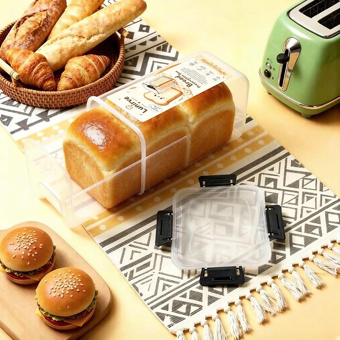 Plastic Bread Box Container with Pull Out Tray for Kitchen 1 Pack | Homemade Loaves and Baked Goods Breads Storage with Airtight Lid BPA Free