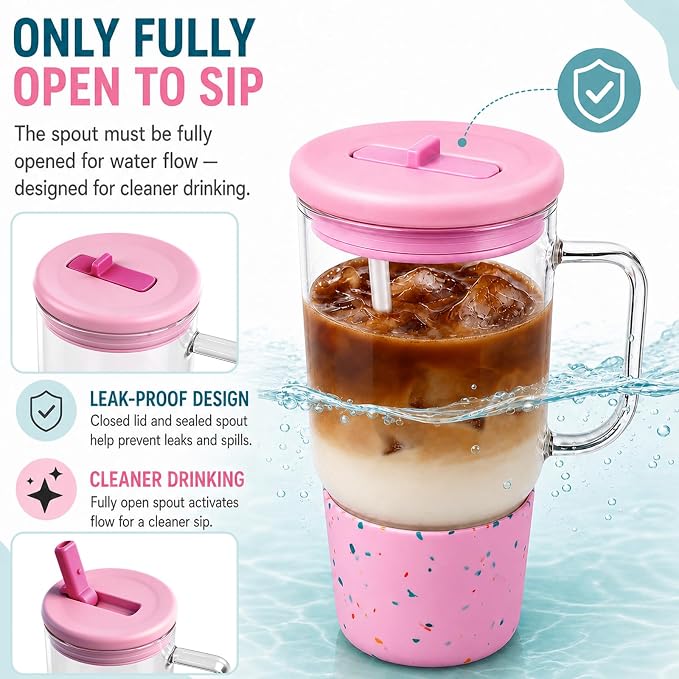 40oz Glass Tumbler with Flip Straw Lid, Handle, Silicone Sleeve, Pink | Leakproof Lid, Fits Car Cup Holder Glass for Iced Coffee, Water, Cold Drinks, Travel, Outdoor, Partys&Home