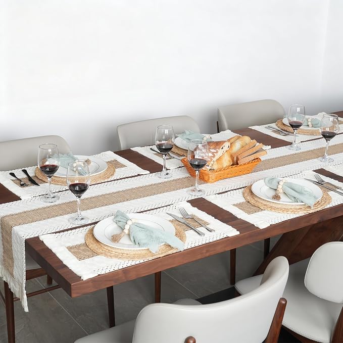 Placemats Set of 4 w/Charger Plates Table Mats Table Runner & Napkin Rings | All in One Placemats,Boho Farmhouse Style Heat-Resistant Non-Slip Protective Round Woven Placemats for Dining Table Décor