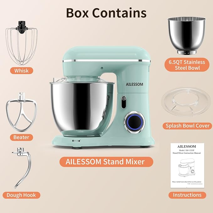 Stand Mixer, 6.5QT Tilt-Head Electric Kitchen Mixer, 10-Speed Household food mixer with 311 Stainless Steel Bowl, Dough Hook, Whisk & Beater, Splash Guard, Ideal for Baking Bread, Cake & Whipping