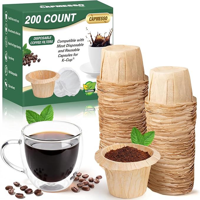 CAPMESSO Disposable Coffee Paper Filters, 200 Count Keurg Cup Coffee Filters Compatible with Keurig Brewers Reusable Single Serve 1.0 and 2.0 Coffee Maker (200 Count, Unbleached)