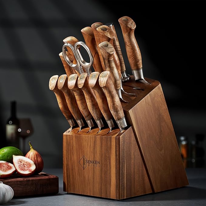SENKEN 16-Piece Damascus Knife block Set - The Dynasty Collection - Japanese VG10 Damascus Steel with Natural Sycamore Wood Handles, Steak Knives, Scissors, & Sharpening Rod (16-Piece Knife Block Set)