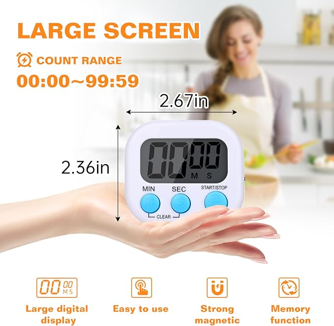 12 Pack Digital Kitchen Timers, Magnetic Countdown Timer with Loud Alarm | Big Digits, Backing Stand, Classroom, Teachers, Kids, Shower, Study, Work, Exercise, Training, Cooking.