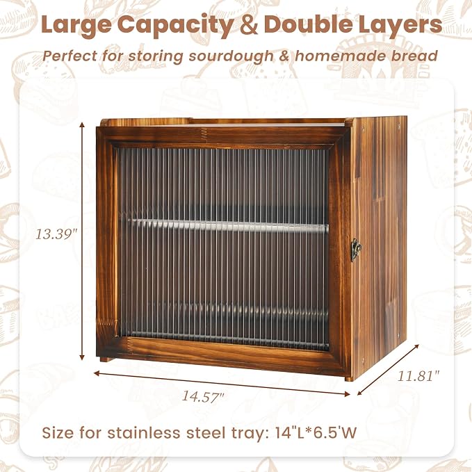 Vintage Bread Box for Kitchen Countertop, 2-Layer Large Wooden Breadbox | Farmhouse Wood Bread Boxes with Removable Stainless Steel Tray, Homemade Bread Storage Container with Clear Acrylic Window