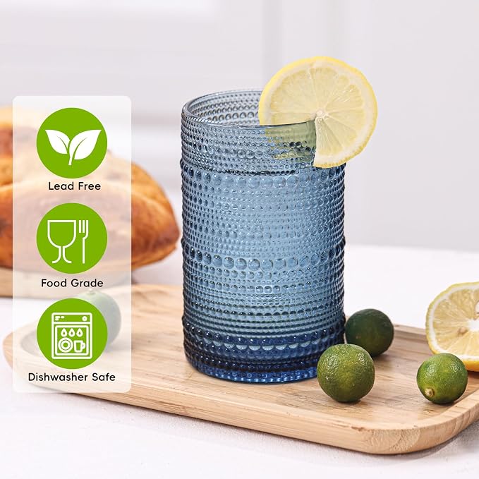 Moretoes 15oz Blue Vintage Hobnail Drinking Glasses Set of 6 | Highball Glass Cups, Kitchen Drinkware Glassware for Beer,Cocktail,Whiskey,Juice and Various Mixed Drinks