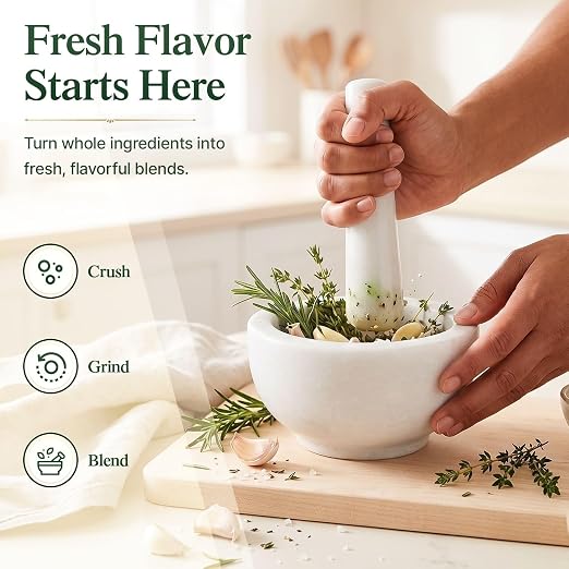Flexzion Marble Mortar and Pestle Set - Solid Granite Stone Grinder Bowl Holder 5.5 Inch for Guacamole, Herbs, Spices, Garlic, Kitchen, Cooking, Medicine (White) | Crush Herbs, Garlic and Spices or Make Guacamole; The 1-1/4-Cup Bowl Has Thick Walls and...