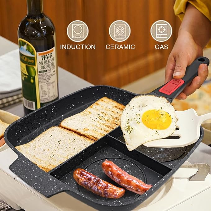 Nonstick 3 Section Grill Pan for Stove Tops, Black | Detachable Handle, Versatile Griddle Pan with Lid, Square Skillet PFOA Free