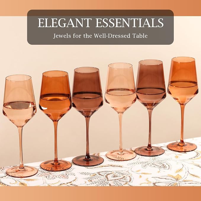 comfit Venus Wine Glasses Set of 6-14oz [Hand-Blown] Maillard-Inspired Amber & Espresso Stemware, Brown Crystal Wine Glasses, Birthday Wedding Housewarming Valentine's Day Gifts