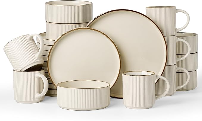 Famiware Dinnerware Set with Mugs, Creamic Plates and Bowls, Dishes for 6 | 24-Piece Stoneware Dinner Set, Chip & Scratch Resistant, Microwave & Dishwasher Safe, Everyday & Formal Dining, Cream