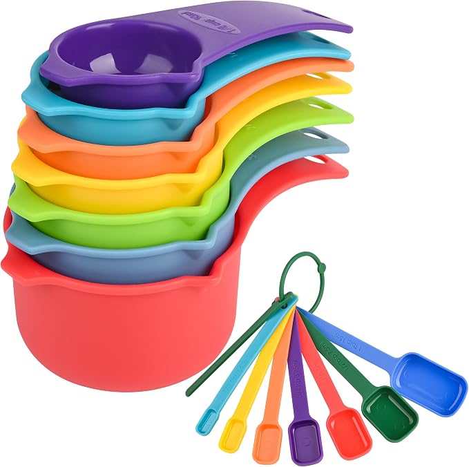 Measuring Cups and Spoons Set, Plastic Measuring Cup Set 15, Mixing Color Dry Measure Cups Spoons, 7 Measuring Cups & 7 Spoons, Kitchen Measure Cup Spoons for Cooking & Baking