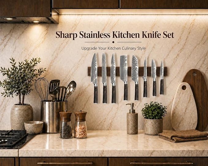 DRAGON RIOT Damascus Kitchen Knife Set, Damascus Steel, Brown Handle | Stainless Steel, Damascus Pattern, Roll Bag, For Meat Processing and Everyday Kitchen Prep