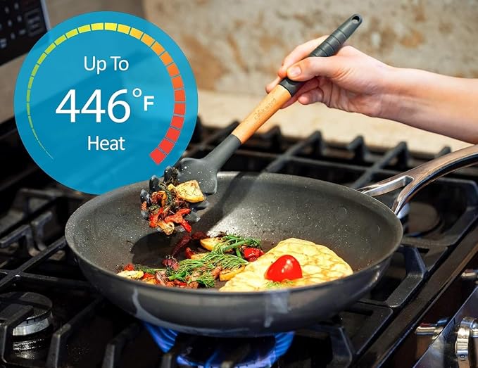 Silicone Cooking Utensils Set 6 Piece – Heat Resistant up to 480°F, BPA Free & Non-Scratch Kitchen Tools with Natural Wood Handles, Dark Gray