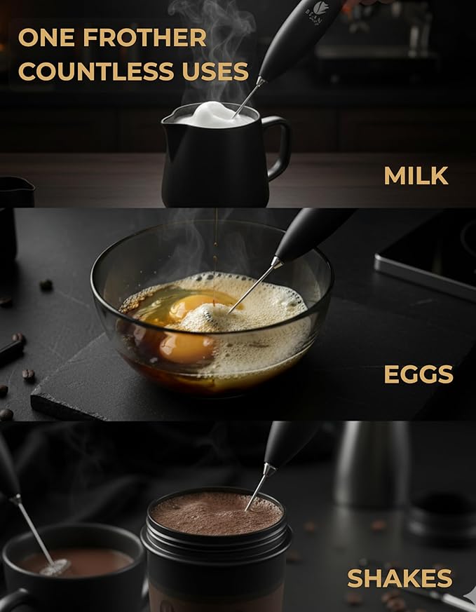 Bean Envy Milk Frother Handheld - Coffee Mixer Wand with Stand - Black | Battery Operated, Stainless Steel Whisk, 19000 RPM, Protein Powder Blender, Electric Stirrer, Mini Foamer