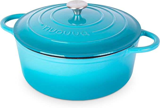 Cast Iron Dutch Oven with Lid - Non-Stick Ovenproof Enamelled Casserole Pot - Sturdy Dutch Oven Cookware - Blue, 7.3- Quart, 30cm- by Nuovva