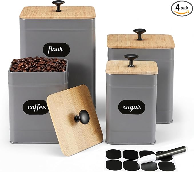 PERFNIQUE Kitchen Canisters, Airtight Canister Sets for Kitchen Counter, Kitchen Canisters for Countertop Set of 4, Coffee Tea Sugar Flour Spice Tin Jars Food Storage Container with Lid(Grey)