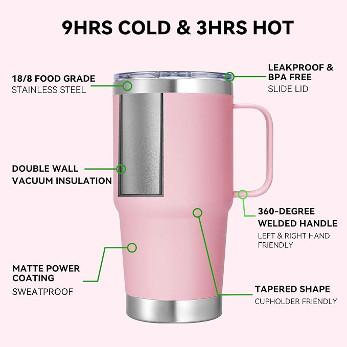 20 oz Stainless Steel Tumbler with Handle Bulk Metal Insulated Tumblers Travel Coffee Mug with Handle Double Wall Tumbler Cup with Lid and Straw, Pink 12 Pack