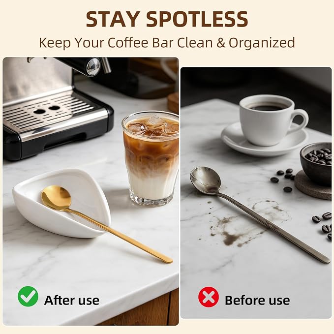 Coffee Bar Accessories: Espresso Accessories - Coffee Stirrers for Hot Cocoa Bar Supplies - Set of 4 Gold Decor Coffee Spoons with 1 Ceramic Spoon Rest - Ideal CoffeeLover Gifts
