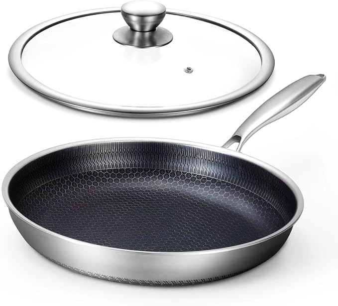 Toutrop Non Stick Frying Pans, Hybrid 12 Inch Frying Pans Nonstick with Lid, Stainless Steel Skillets Chef Cookware, PFOA Free, Works on Induction,Ceramic,Gas Cooktops and Ovens