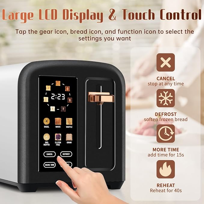 SEEDEEM 2-Slice Touchscreen Toaster, Stainless, 7 Shade, 1350W, Black