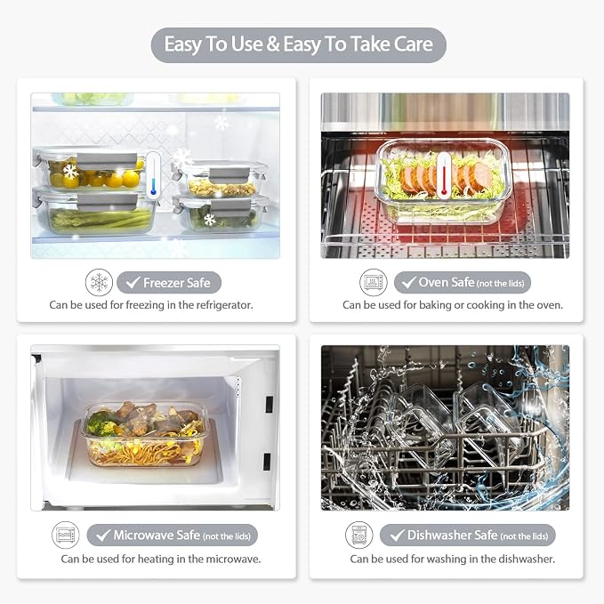 [10 pack Glass Meal Prep Containers with Lids, Glass Food Storage Containers with Snap Locking Lids for Food, Bpa-free, Easy to Open& Close/Microwave,Oven,Freezer,Dishwasher Safe/Leak-Proof