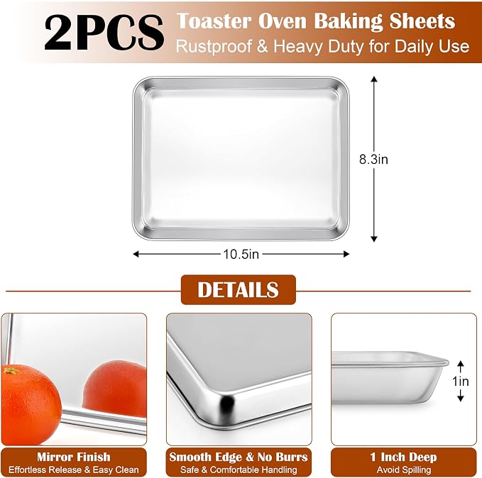 E-far Baking Sheet with Wire Rack, Cookie Sheets Trays for Toaster Oven | 10.5 x 8.3 Inch Stainless Steel Cooling Rack with Non Toxic & Warp Resistant Design, Oven & Dishwasher Safe, 2 Pans + 2 Racks