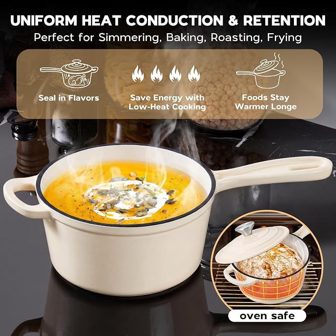 Onader 2QT Saucepan with Lid, Enameled Cast Iron Sauce Pan Pot, Small Dutch Oven Cooking Kitchen Pot, Nonstick & Heavy Duty – Cream White