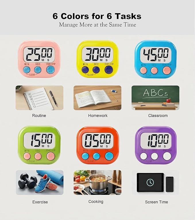 Digital Timer for Classroom Teachers Students, Magnetic Countdown Timer | Easy Timers for Kids Homework Study Kitchen Cooking Gym Game, 6 Pcs