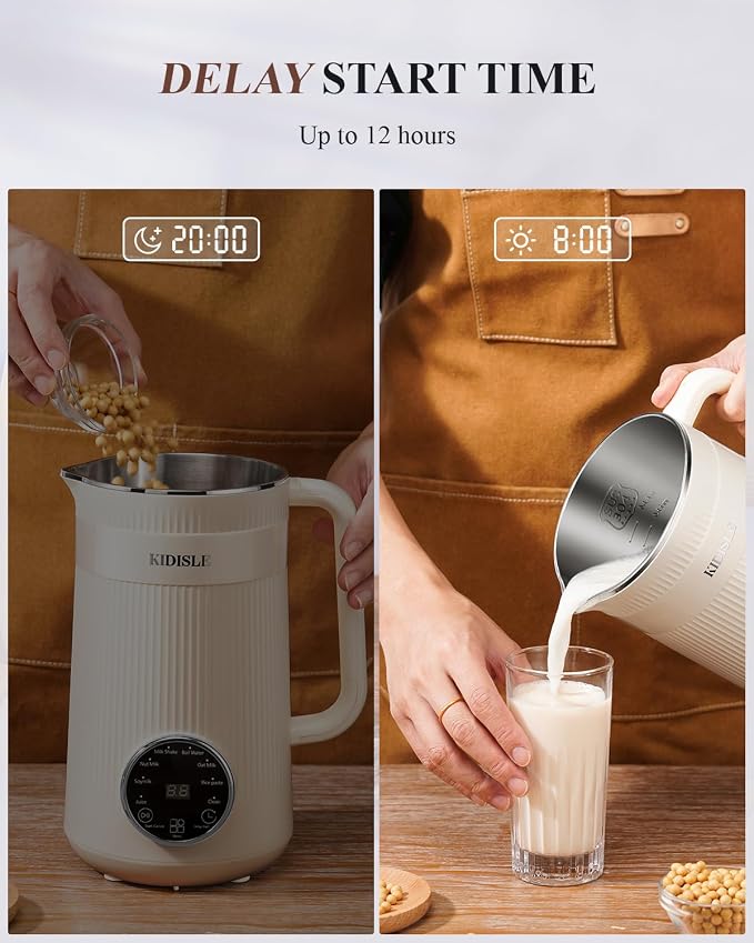 KIDISLE 8 in 1 Nut Milk Maker Machine, 32oz Self-Cleaning Automatic Blender | Almond, Soy, Oat, Coconut, Rice Paste & Juice, No Soaking, 12H Delay Start + Keep Warm, Boil Water, Fresh Homemade