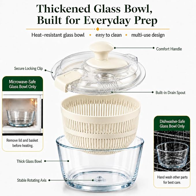 Glass Salad Spinner 3.2 Qt, Small Salad Spinner, Glass Bowl, White | Removable Lid, Storage Lid, Dishwasher-Safe Glass Bowl, Fruit & Vegetable Washer Dryer, Drain Spout, Crank Handle
