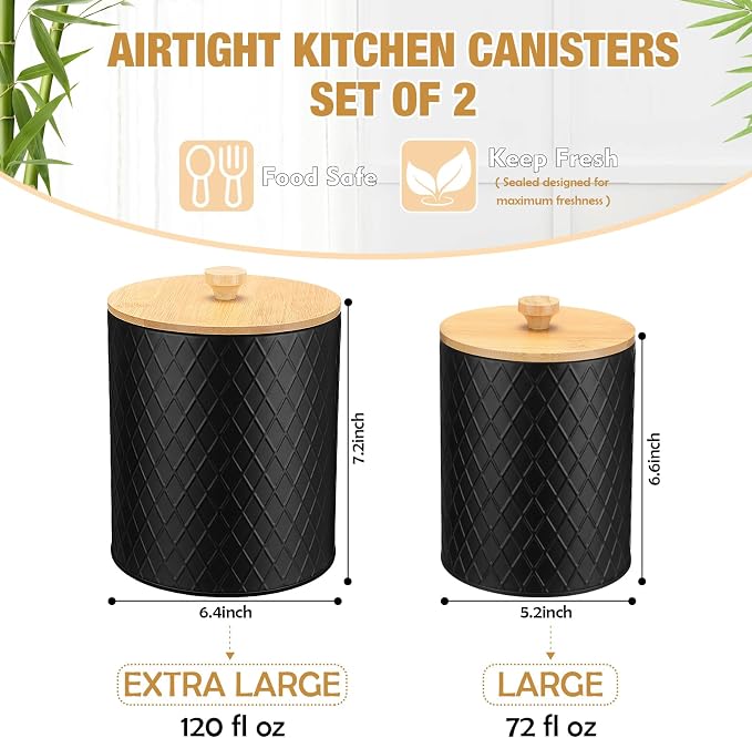 Reallnaive 2 Pcs Black Coffee Canister Set for Kitchen Countertop Bar Flour Sugar Tea Storage Container Farmhouse Metal Spice Jar with Airtight Bamboo Lid Spoon & Labels Housewarming Gift (2 Sizes)