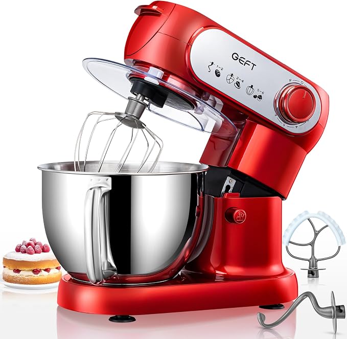 Stand Mixer, 6QT Mixers Kitchen Electric Stand Mixer, Dough Mixer Red | 600W Tilt-Head Kitchen Mixer with Stainless Steel Bowl, Dishwasher-Safe Dough Hook, Flat Beater, Wire Whisk, Splash Guard