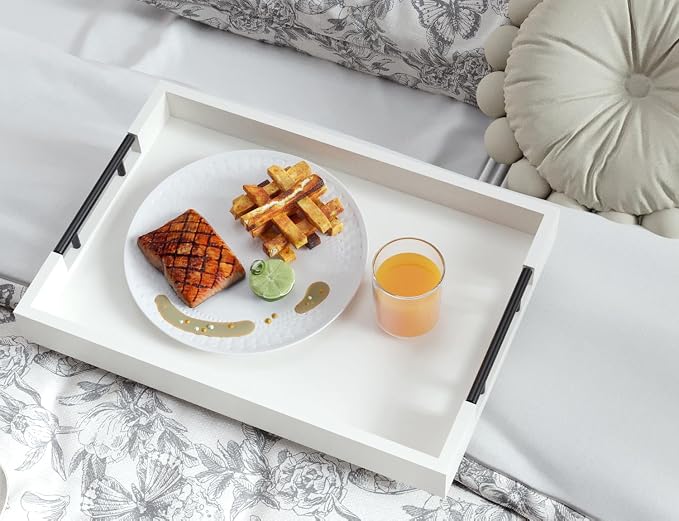 Fibogollo Bamboo Serving Trays with Metal Handles,Large(White) | 17 x 12Inch Ottoman Decorative Trays Platter for Coffee Table,Living Room,Bar,Party,Holiday Hosting and Outdoor Entertaining