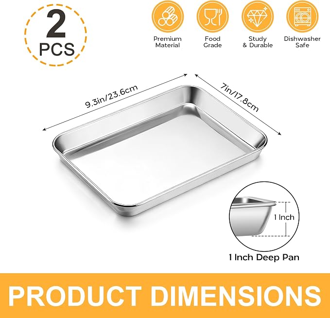 Onader Baking Sheet Pan Tray Set of 2, Stainless Steel Small Baking Cookie Sheets, 9 x 7 Inch Mini Toaster Oven Trays, Food-Grade Durable Mirror Finish & Dishwasher Safe