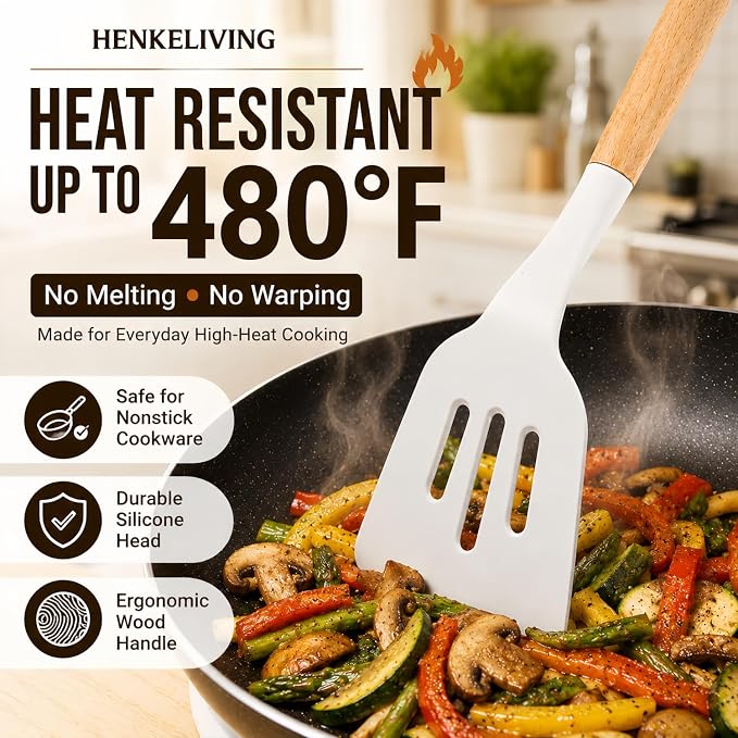 Silicone 10 Pcs Kitchen Cooking Utensils Set, Recycled Materials Certification, BPA Free Spatula Set with Heat Resistant Wood Handles for Nonstick Cookware, Cream White