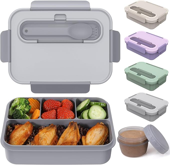 Caperci Bento Box Adult - 50 oz Large Lunch Containers for Adults and Teens, 4-Compartment Bento Lunch Box with Utensils & Leak Proof Sauce Cup, Dishwasher Safe, Durable, BPA-Free (Gray)