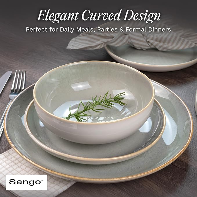 Sango 16-Piece Stoneware Dinnerware Set for 4, Glossy Cream/Green Big Dinner Plates and Bowls Sets with Reactive Glaze, Ceramic Dish Set, Modern Dishes, Microwave & Dishwasher Safe, Resona Moss