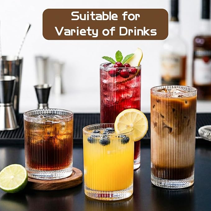 JOVGANK Drinking Glasses Set of 8 – Lead-Free Crystal Glassware, 4 Tall 15oz & 4 Short 10oz Vintage Ribbed Tumbler Glasses, Dishwasher Safe, for Juice Beer Cocktails, Great Housewarming Gift, Set A