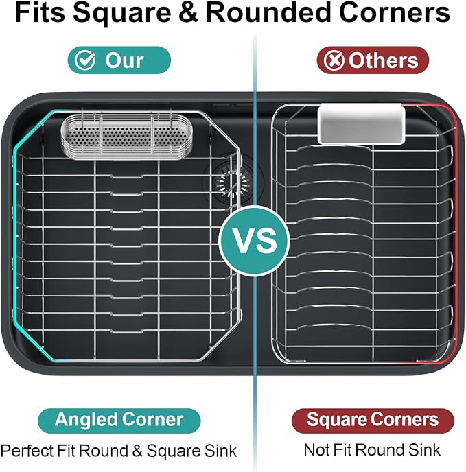 Small in Sink Dish Drying Rack - Stainless Steel for RV Kitchen | Compact Design, Rust-Resistant, Angled Corners Fit Square & Round Sinks, Removable Utensil Holder, Cup Hooks, 13.1"W x 14.4"L