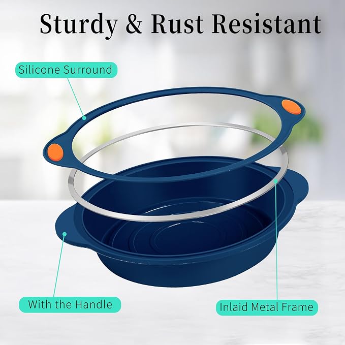 8 in 1 Silicone Baking Set - 6 Cake Molds - 2 Silicone Baking Mat, Nonstick Cookie Sheet, Cake Muffin Bread Pan with Grips and Metal Reinforced Frame More Strength, Navy Blue