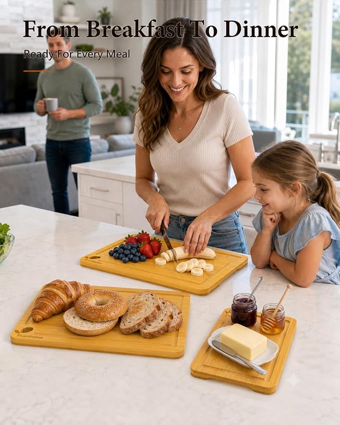 Cutting Board Set with Holder,Large Medium Small Wood Cutting Boards for Kitchen, Thick Chopping Boards with Built-in Handles, Serving Board for Meat, Vegetables, Cheese, Bread and Charcuterie