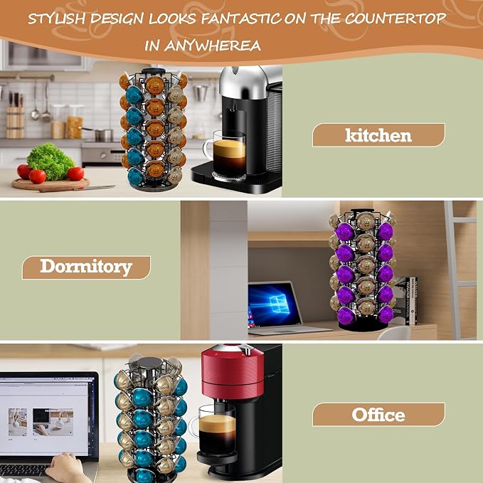 Nespresso Pods Holder Tower Stand,Vertuo Pod Holder 40 Pods Capacity,Black | Coffee Pods Holder Organizer Fits Vertuo Pods, 360°Revolving Pod Carousel, Space-Saving for Countertop,No Assembly Required