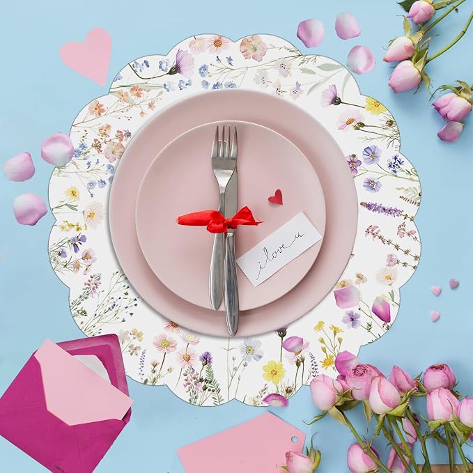 G.R.I - 50 Pcs Summer Flower Paper Place Mats, Watercolor Wildflower Butterfly Disposable Scalloped Place Mats, Spring Floral Round Placemats for Bridal Shower Birthday Wedding Baby Shower Party