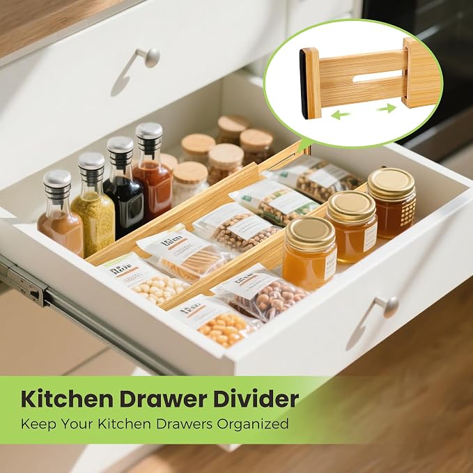 Fyvva Drawer Organizer, Spring-Loaded Expandable Bamboo Dividers 4-Pack | Large Kitchen Drawer Organizer, Adjustable 16.9 to 22.2 in, 2.3in High Non Slip for Kitchen Clothes Bathroom Office Natural