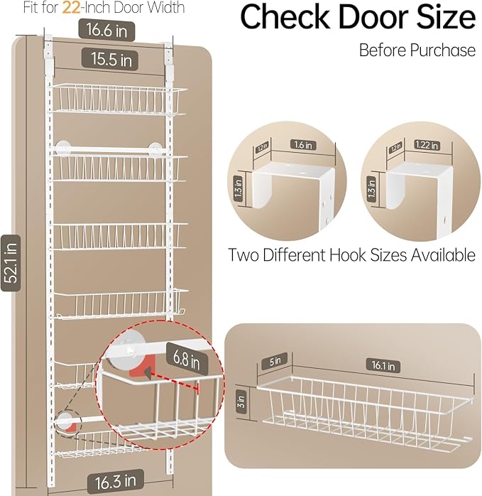 Delamu Adjustable Cabinet Door Organizer, 6-Tier Hanging Spice Rack Organizer, Metal Over the Door Pantry Organizer, Pantry Organizers and Storage Shelves for Kitchen Bathroom Laundry Room, White M